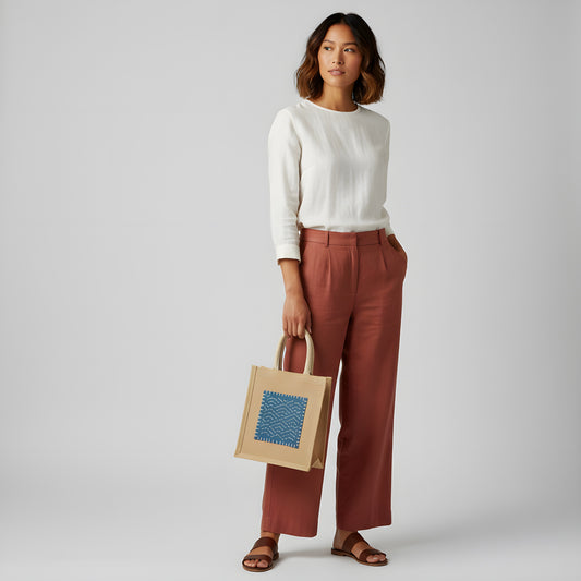 Denim Sashiko Jute Tote Bag