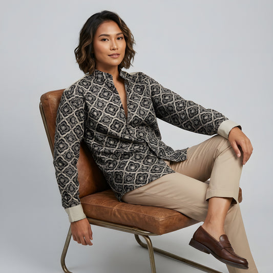 Noir Weave | Unisex | Mandarin Collar Batik Long Sleeve Shirt