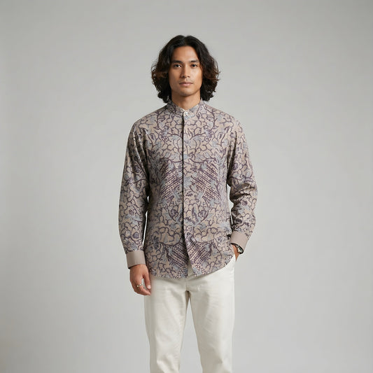 Grey Clouds | Unisex | Mandarin Collar Batik Long Sleeve Shirt