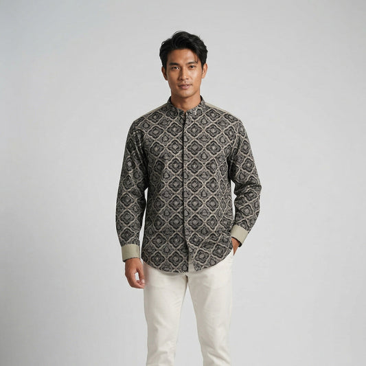 Noir Weave | Unisex | Mandarin Collar Batik Long Sleeve Shirt