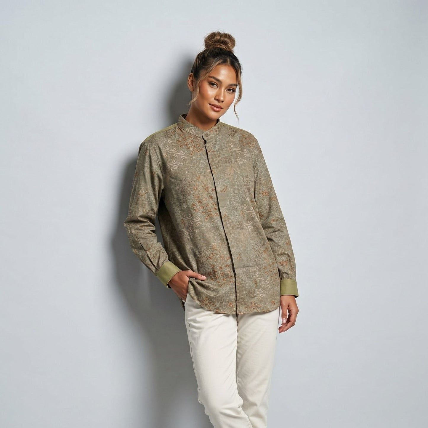 Pale Olive | Unisex | Mandarin Collar Batik Long Sleeve Shirt