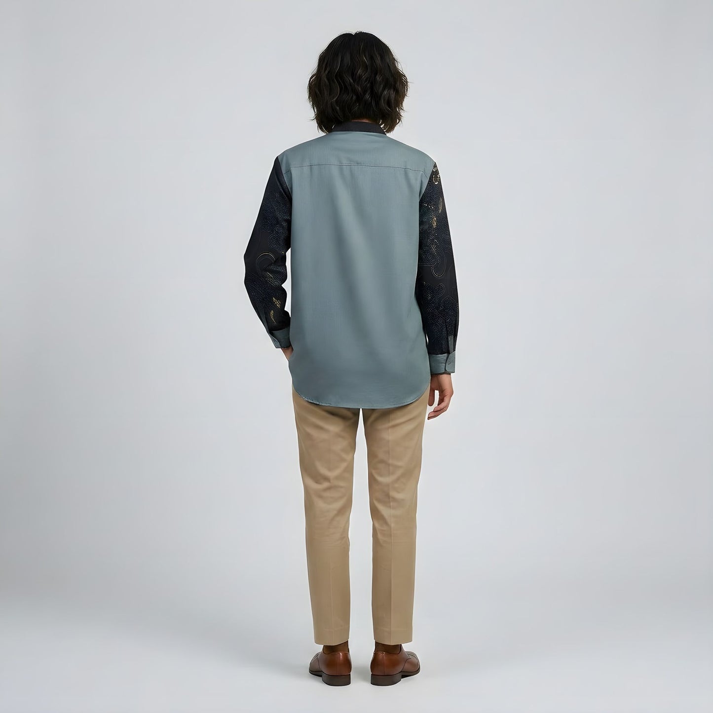 Steel Teal | Unisex | Mandarin Collar Batik Long Sleeve Shirt