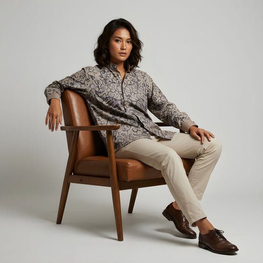 Grey Clouds | Unisex | Mandarin Collar Batik Long Sleeve Shirt