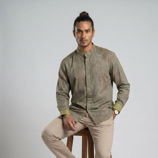 Pale Olive | Unisex | Mandarin Collar Batik Long Sleeve Shirt