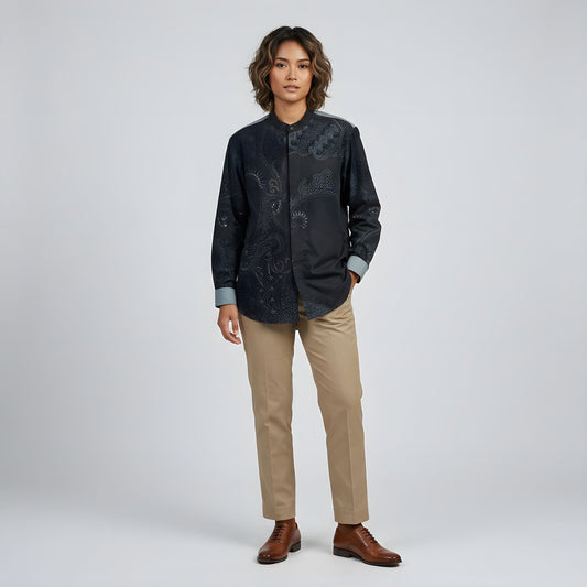 Steel Teal | Unisex | Mandarin Collar Batik Long Sleeve Shirt