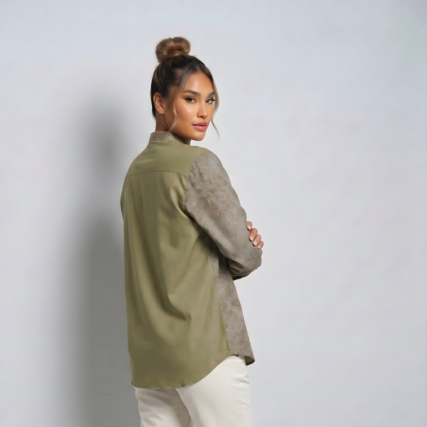 Pale Olive | Unisex | Mandarin Collar Batik Long Sleeve Shirt