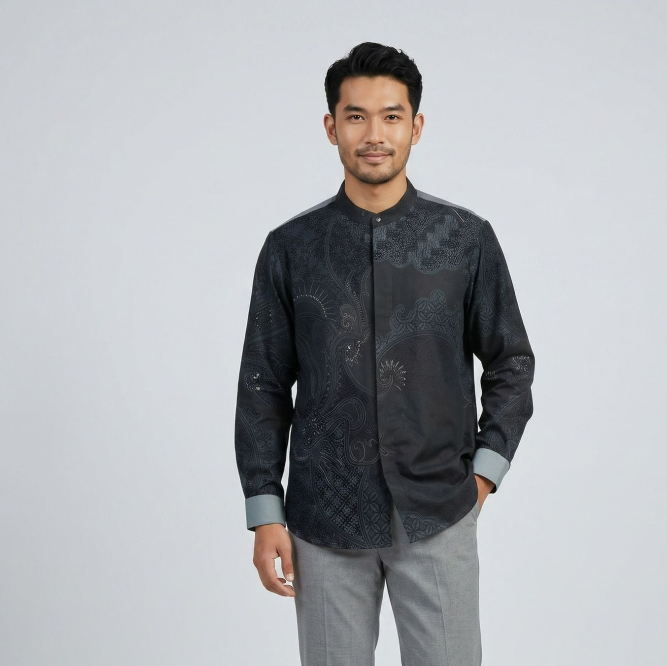 Steel Teal | Unisex | Mandarin Collar Batik Long Sleeve Shirt