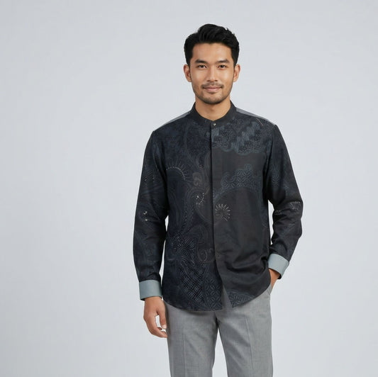Steel Teal | Unisex | Mandarin Collar Batik Long Sleeve Shirt